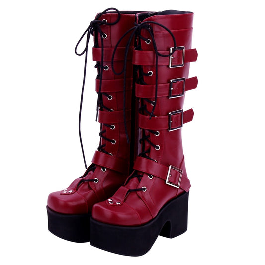 Japanese Harajuku Thick Platform Punk Goth Cosplay Boots Women Burgundy Leather Buckle Straps Lace Up High Boots - LiveTrendsX
