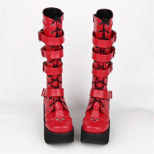 Japanese Harajuku Thick Platform Punk Goth Cosplay Boots Women Burgundy Leather Buckle Straps Lace Up High Boots - LiveTrendsX