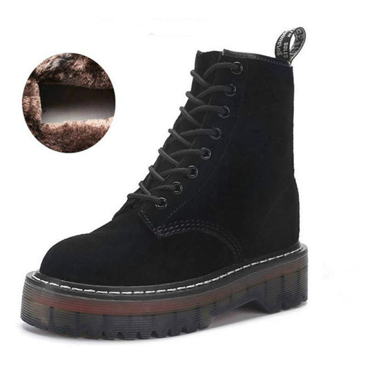 Motorcycle Platform Boots Women Wedge Shoes Autumn Winter Fur Fashion Round Toe Lace-up Genuine Leather Boots Ladies Shoes - LiveTrendsX