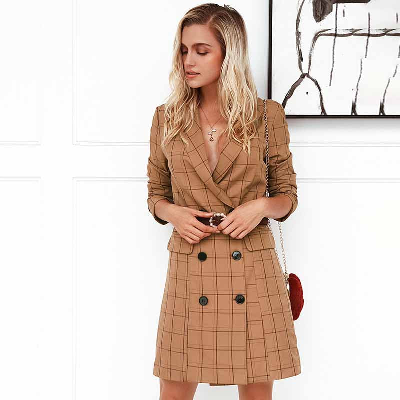 Vintage Khaki Plaid Women Blazer Dress Autumn Winter Slim Long Blazer Check Office Blazer Jacket Feminino Outerwear - LiveTrendsX
