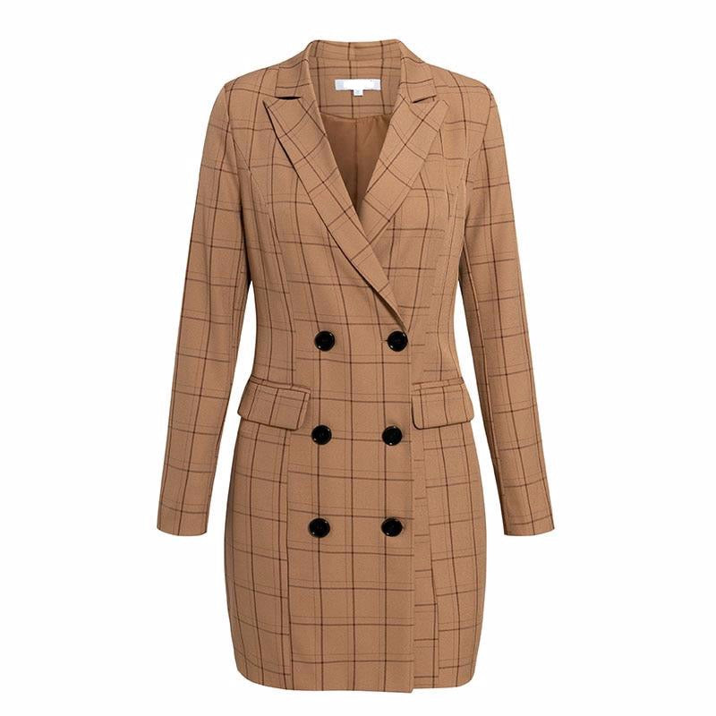 Vintage Khaki Plaid Women Blazer Dress Autumn Winter Slim Long Blazer Check Office Blazer Jacket Feminino Outerwear - LiveTrendsX