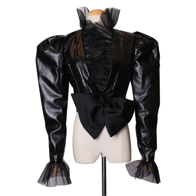 Patchwork Mesh PU Leather Women's Jackets V Neck Puff Long Sleeve High Waist Slim Bow Coat Female Fashion Tide - LiveTrendsX