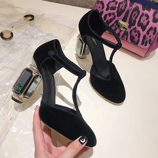 Square Heels Women Pumps Flock T Strap Shoes Women Sexy Point Toe Crown Crystal High Heel Office Pumps Shoes Wedding - LiveTrendsX