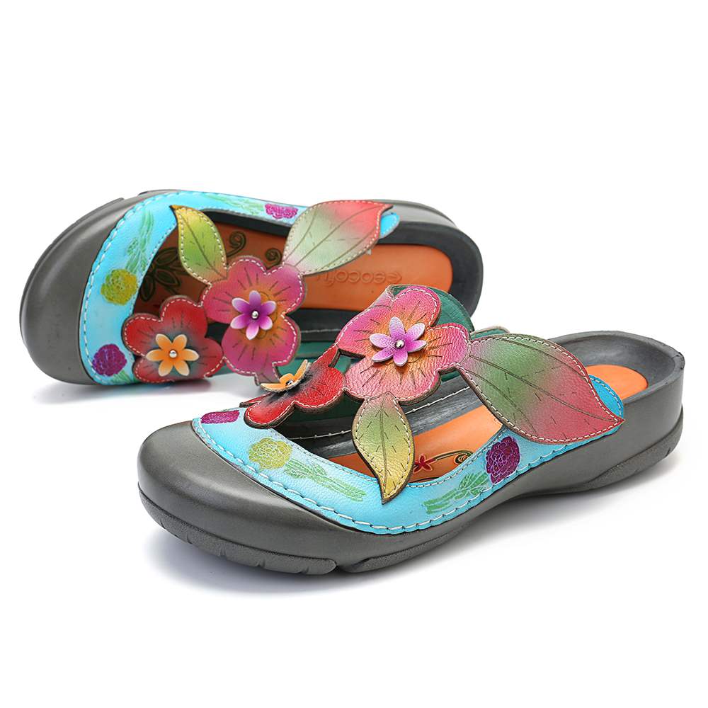 Genuine Leather Retro Splicing Flowers Pattern Stitching Adjustable Hook Loop Sandals Casual Vintage Flat Shoes Women New - LiveTrendsX