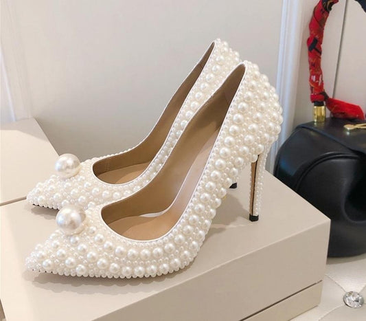 Beautiful Wedding Pumps Ivory White Pearl Embellished High Heel Pumps Top Quality Ladies Wedding Shoes - LiveTrendsX
