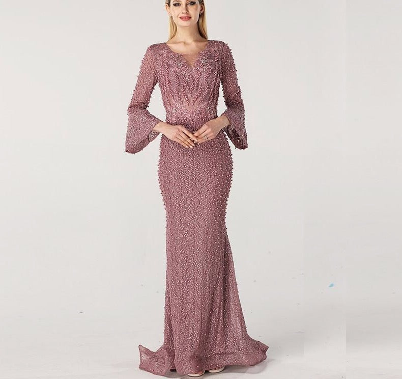 Muslim Pink Luxury Long Sleeves Evening Dresses Pearls Crystal Lace Formal Dress 2020 - LiveTrendsX