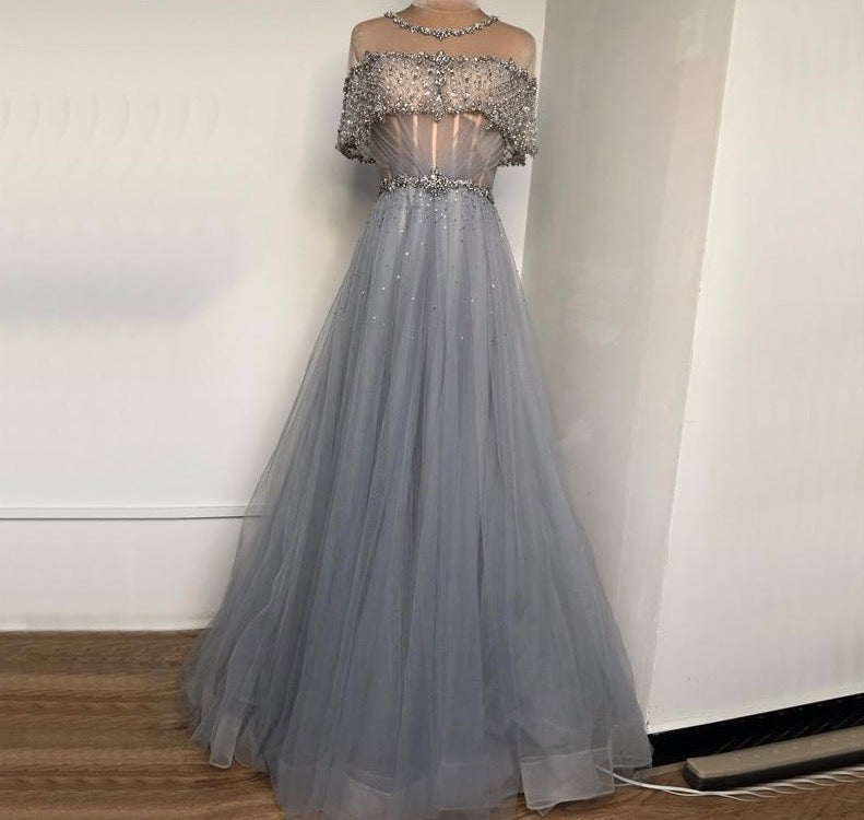 Blue O-Neck Diamond Sequins Sexy Evening Dresses 2020 Dubai Short Sleeves A-Line Formal Dress - LiveTrendsX
