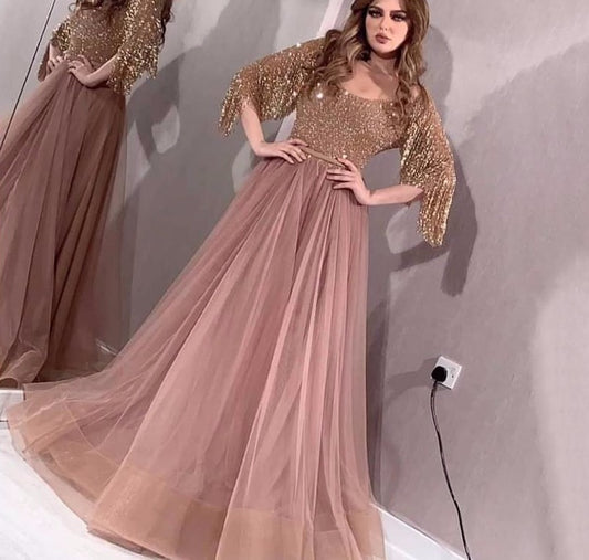 Rose Gold O-Neck Sequined Evening Dresses 2020 A-Line Latest Design Sexy Sparkle Formal Dress - LiveTrendsX