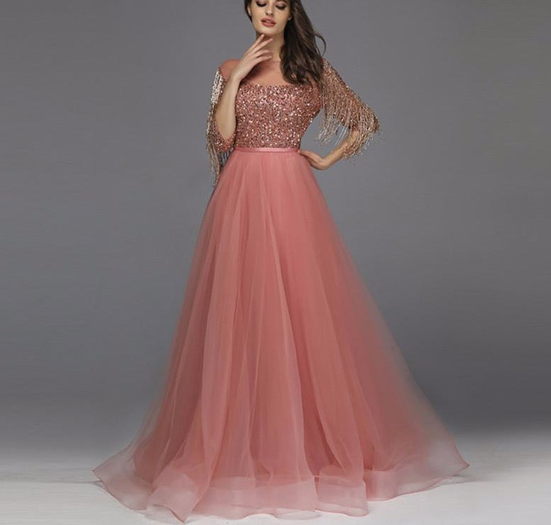 Rose Gold O-Neck Sequined Evening Dresses 2020 A-Line Latest Design Sexy Sparkle Formal Dress - LiveTrendsX