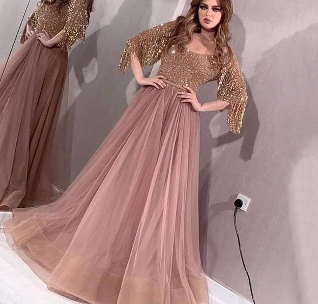 Rose Gold O-Neck Sequined Evening Dresses 2020 A-Line Latest Design Sexy Sparkle Formal Dress - LiveTrendsX