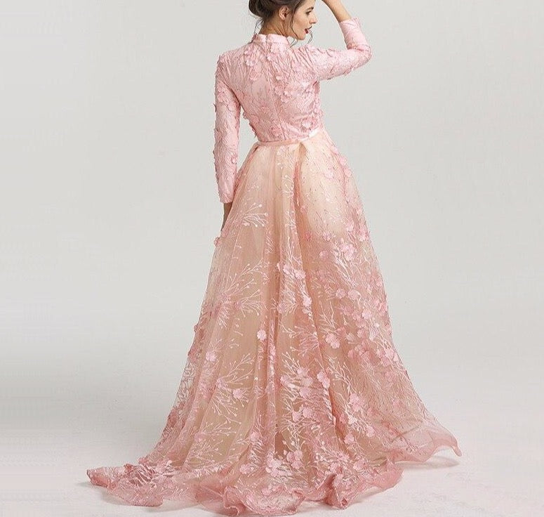 Muslim Romantic Pink Long Sleeves Evening Dresses 2020 High Neck Handmade Flowers Evening Gowns - LiveTrendsX