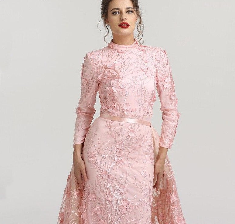 Muslim Romantic Pink Long Sleeves Evening Dresses 2020 High Neck Handmade Flowers Evening Gowns - LiveTrendsX
