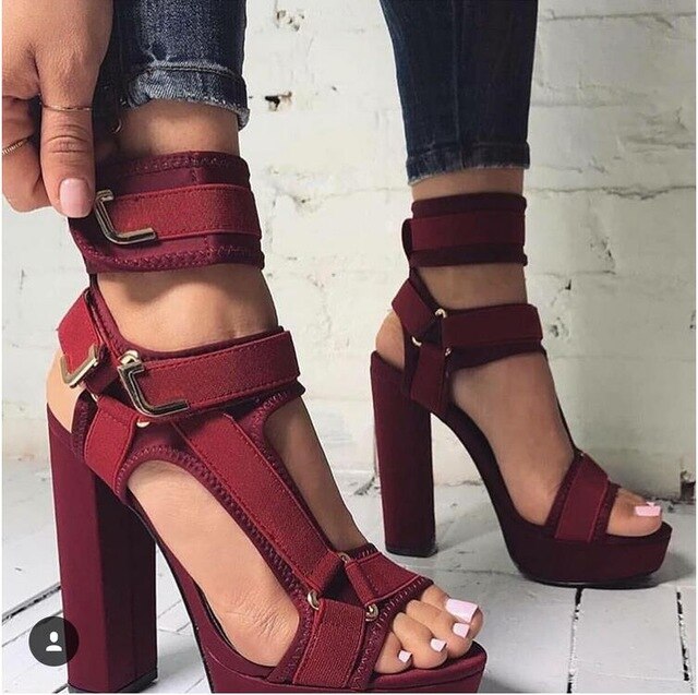 Buckle Strap High Heels Sandals Women Wine Red Army Green Ruffle Sandals Summer Solid Fashion Chunky High Heels Chaussure Femme - LiveTrendsX
