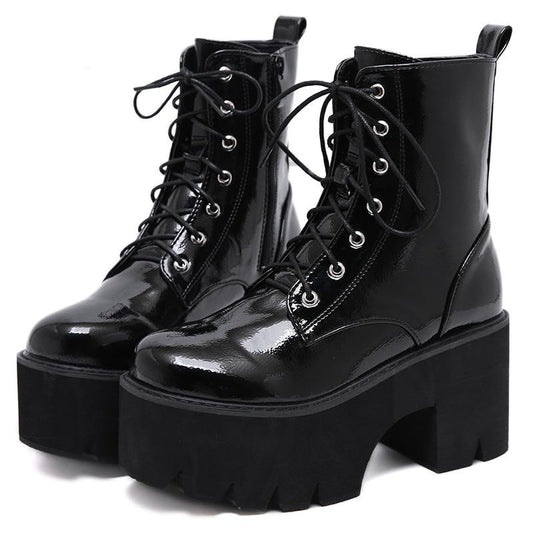 Woman Lace Autumn Boots Womens Ladies Chunky Wedge Platform Black Patent Leather Ankle Boots Punk Goth New Arrival 2020 - LiveTrendsX