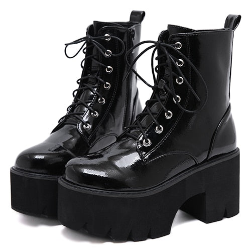 Woman Lace Autumn Boots Womens Ladies Chunky Wedge Platform Black Patent Leather Ankle Boots Punk Goth New Arrival 2020 - LiveTrendsX