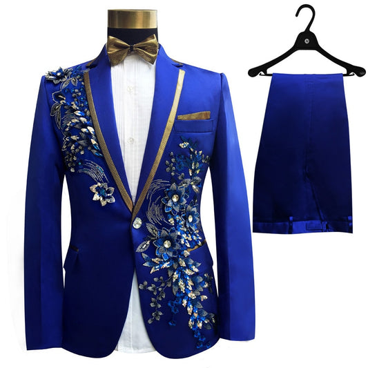 Three Pieces Set Suits Men's Singers Perform Stage Show Sequins Embroidered Flower Red Blue Pink Wedding Suit Costume Homme - LiveTrendsX
