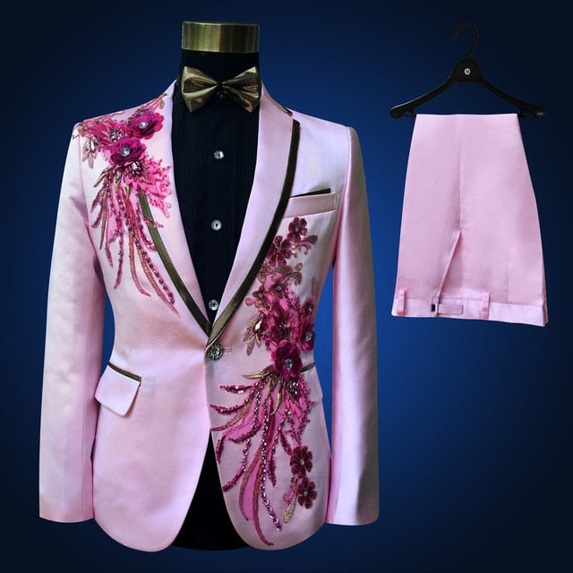 Three Pieces Set Suits Men's Singers Perform Stage Show Sequins Embroidered Flower Red Blue Pink Wedding Suit Costume Homme - LiveTrendsX