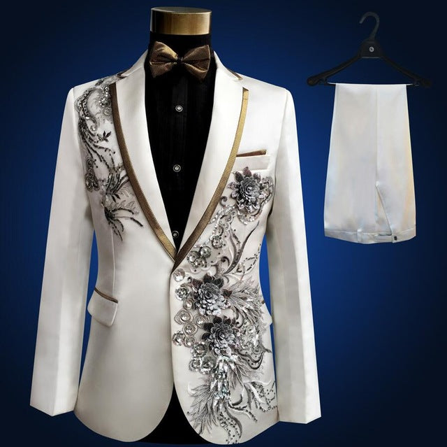 Three Pieces Set Suits Men's Singers Perform Stage Show Sequins Embroidered Flower Red Blue Pink Wedding Suit Costume Homme - LiveTrendsX