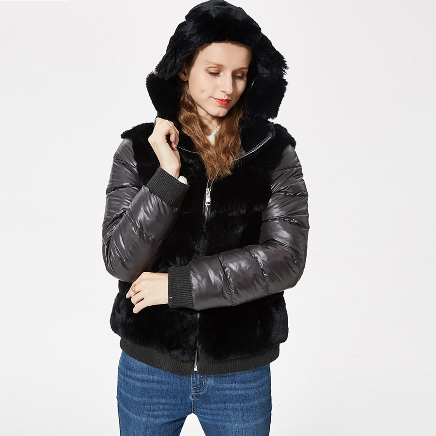 real rex rabbit fur coat with hood down coat jacket sleeves sporty fashion real fur jacket hooded - LiveTrendsX