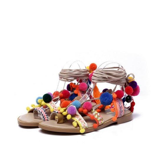 lace up pom pom sandals genuine leather gladiator flats women summer fringe shoes size35-41 - LiveTrendsX