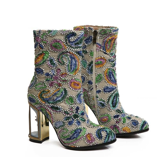 ethnic print flower women's boots mixed color crystal bird cage high heels 10cm high quality female short boots - LiveTrendsX