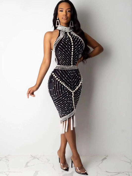 Dress Sexy Backless Beading Black White Tassel Women Dress Designer Fashion Party Dress Vestido - LiveTrendsX