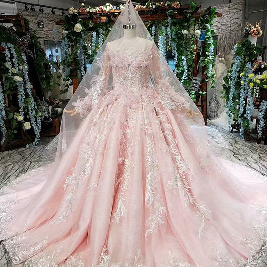 ball gown wedding dresses long sleeve feathers illusion veil appliques pleat ruched pink wedding dress - LiveTrendsX