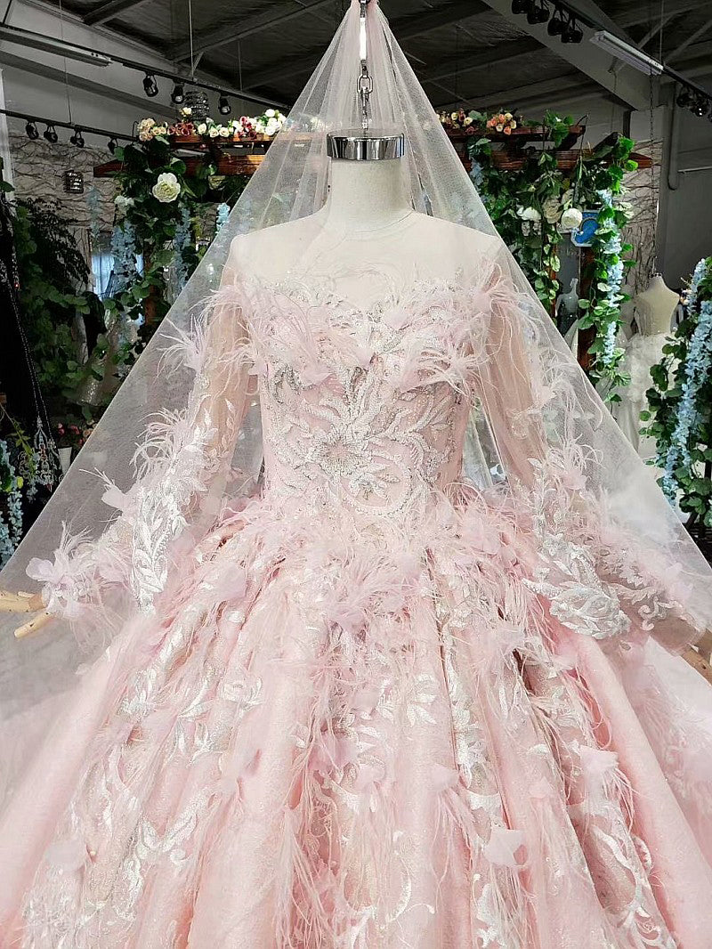 ball gown wedding dresses long sleeve feathers illusion veil appliques pleat ruched pink wedding dress - LiveTrendsX