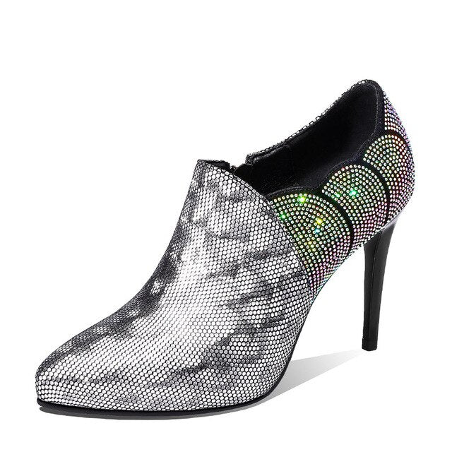 Crystal High Heels Spring Women Pumps Pointed Toe Leather Shoes Woman Zip Footwear Fashion Ladies Bling Shoes Bling - LiveTrendsX