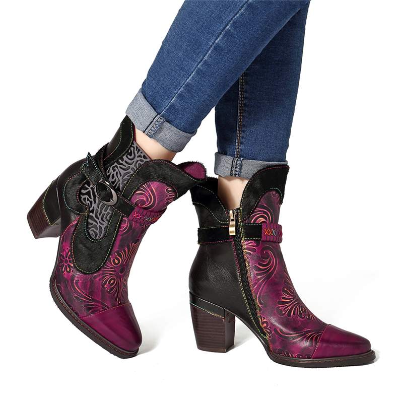 Retro Printed Cowgirl Ankle Boots Women Spring Patchwork Horsehair Genuine Leather Women Boots Shoes Woman Zipper Booties - LiveTrendsX
