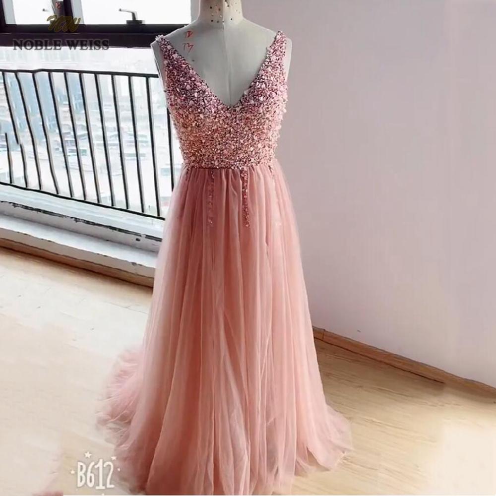V-neck Evening Gown  Sexy Crystal Beading Split Tulle Prom Dress Floor Length Evening Dress vestido longo festa - LiveTrendsX