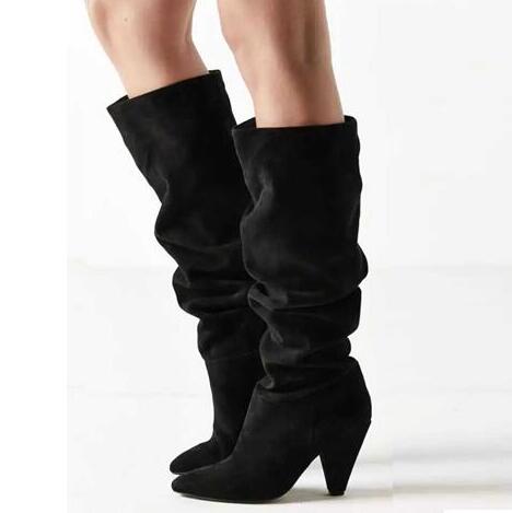 Woman Sexy Black Suede Fold Pointed Toe Slip On Spike Heels Knee High Niki Long Boots Big Size 43 Lad - LiveTrendsX
