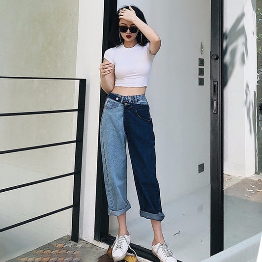 Patchwork Jeans For Women High Waist Irregular Large Size Summer Denim Long Trousers 2020 Fashion Harajuku Clothing - LiveTrendsX