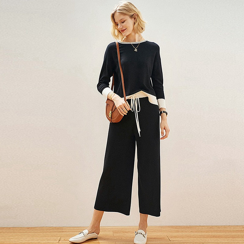 Suits Women Linen Silk Blended Knitted Two Pieces Set Simple Design Splice Top+Wide-leg Pants - LiveTrendsX
