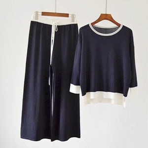 Suits Women Linen Silk Blended Knitted Two Pieces Set Simple Design Splice Top+Wide-leg Pants - LiveTrendsX