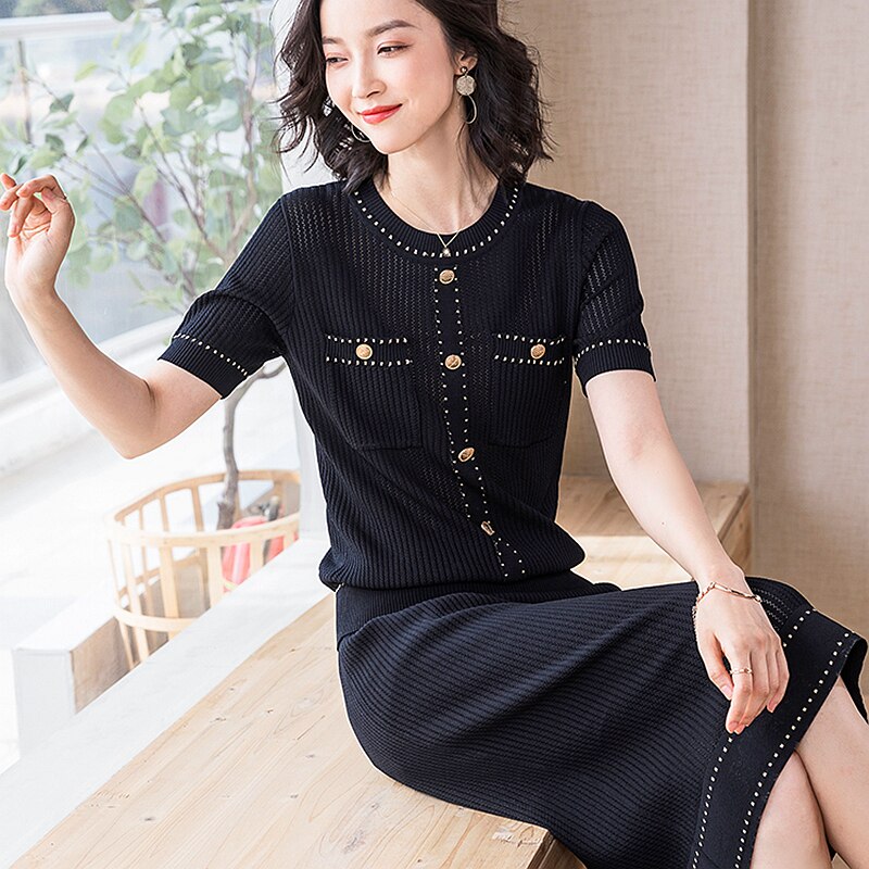 Suits Women Two Pieces Set Elastic Knitted Fabric Elegant Design Style O Neck Pocket Short Skirts Solid 2 Colors - LiveTrendsX