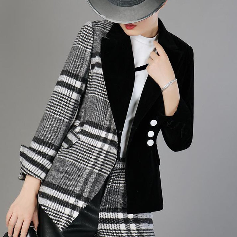 Velour Patchwork Wool Plaid Blazer Coat Female Long Sleeve Asymmetrical Women's Suits 2020 Spring Fashion Clothes - LiveTrendsX