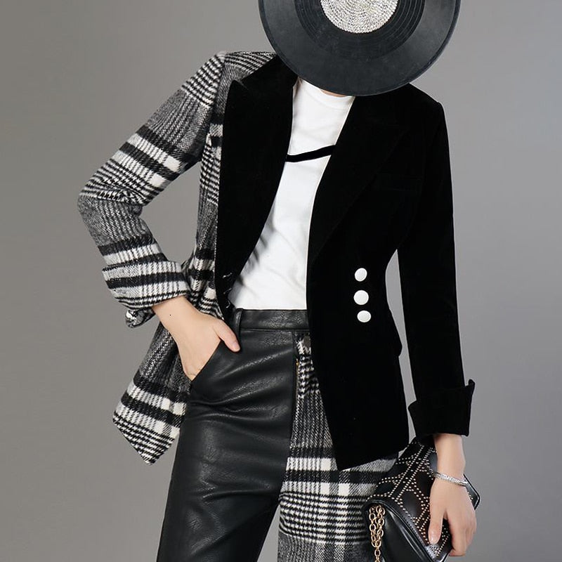 Velour Patchwork Wool Plaid Blazer Coat Female Long Sleeve Asymmetrical Women's Suits 2020 Spring Fashion Clothes - LiveTrendsX
