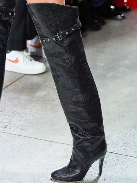 Thigh High Winter Boots Women Shiny Over The Knee Rosy Red Solid Fashion Female Shoes Pointed Toe Thigh Slouch Shoes Belted - LiveTrendsX