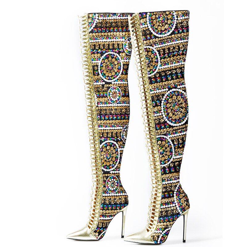 Winter Shoes Women SHiny Sequined Cloth Over the Knee Thigh High Boots Cross Tied International Show Boots Women - LiveTrendsX