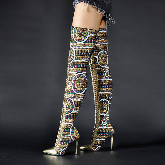 Winter Shoes Women SHiny Sequined Cloth Over the Knee Thigh High Boots Cross Tied International Show Boots Women - LiveTrendsX