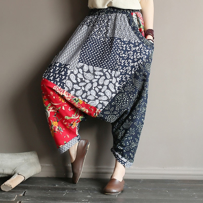 Original folk style women's retro stitching old cotton and linen material shift pants women loose large size baggy pants - LiveTrendsX