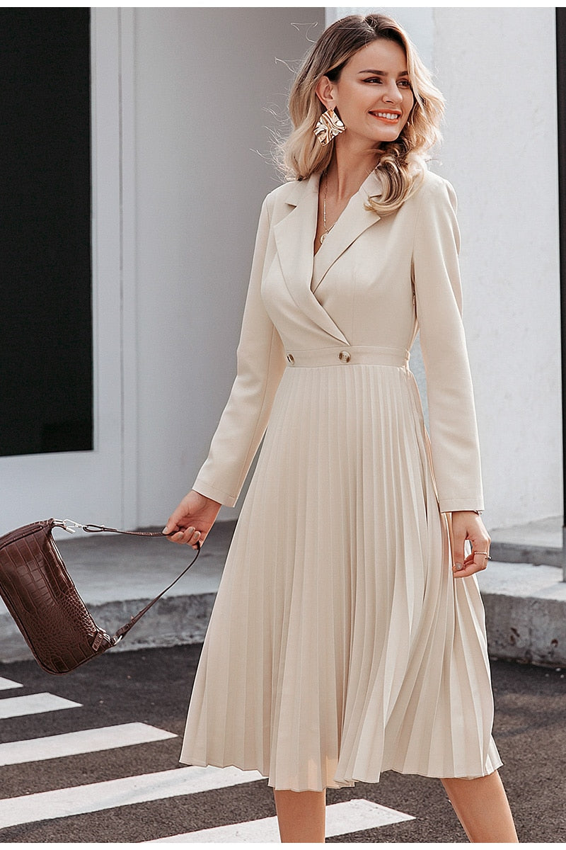 Elegant pleated women office dress Solid breasted ladies blazer dress Autumn winter long sleeve chic female party dress - LiveTrendsX