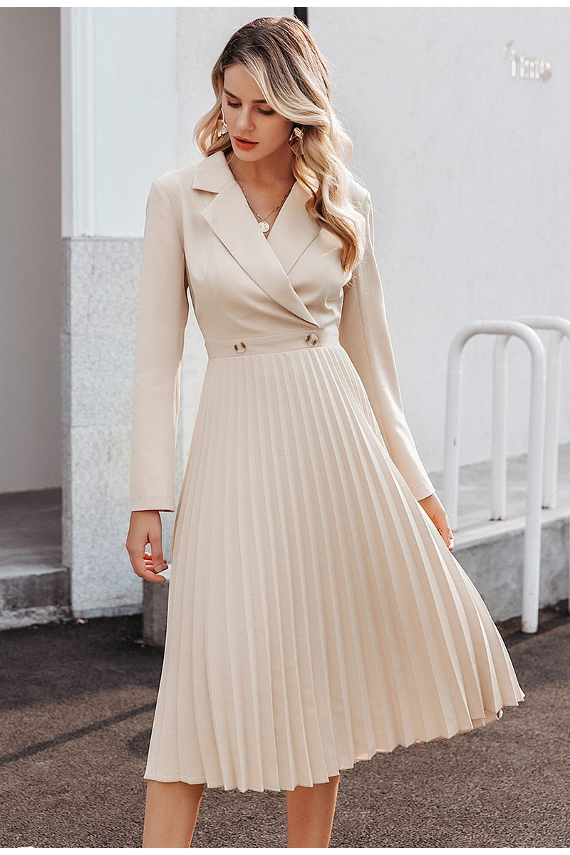 Elegant pleated women office dress Solid breasted ladies blazer dress Autumn winter long sleeve chic female party dress - LiveTrendsX