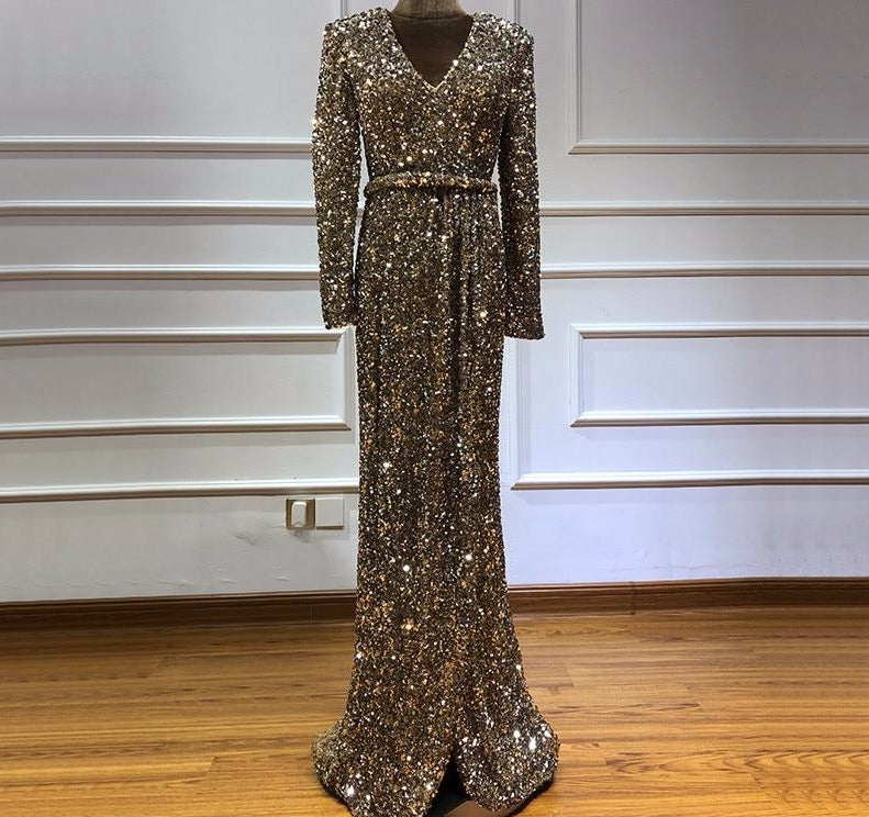 Dubai Luxury Gold Long Sleeves Latest Evening Gown Designs 2020 Beading Sequined Evening Gown - LiveTrendsX