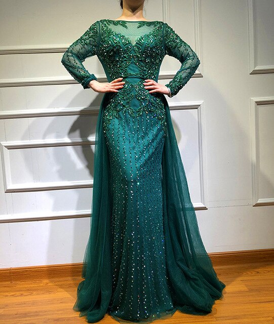 Muslim Mermaid long Sleeves Evening Dresses 2020 Beading Sequins Luxury Sparkle Formal Dress Plus Size - LiveTrendsX