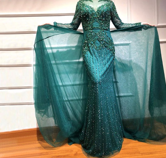 Muslim Mermaid long Sleeves Evening Dresses 2020 Beading Sequins Luxury Sparkle Formal Dress Plus Size - LiveTrendsX