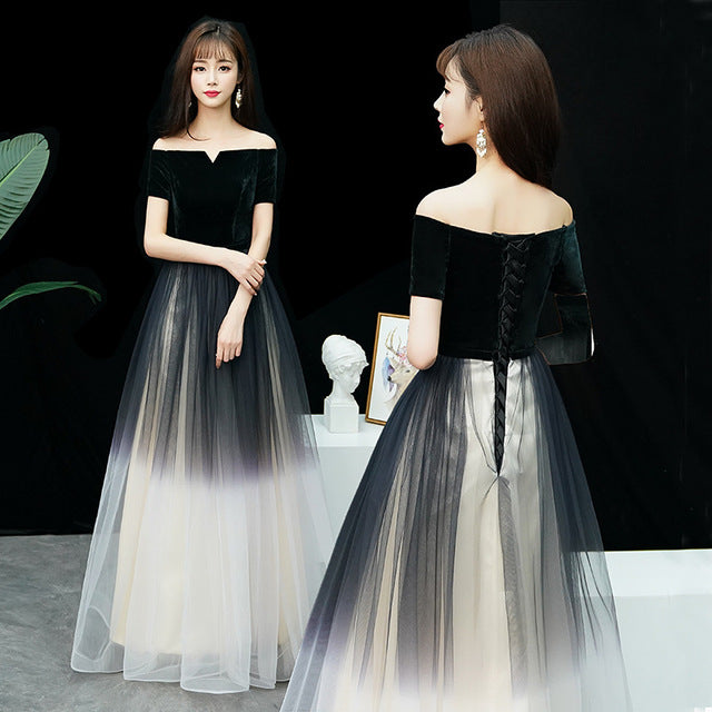 new banquet elegant black sexy long section word shoulder slim slimming   dress party Off the Shoulder Patchwork - LiveTrendsX