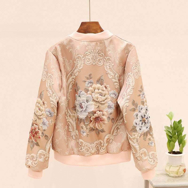 vintage Jacquard Satin embroidery jacket for woman beading floral embroidery long sleeve pink Baseball coat runway outfit 2020 - LiveTrendsX