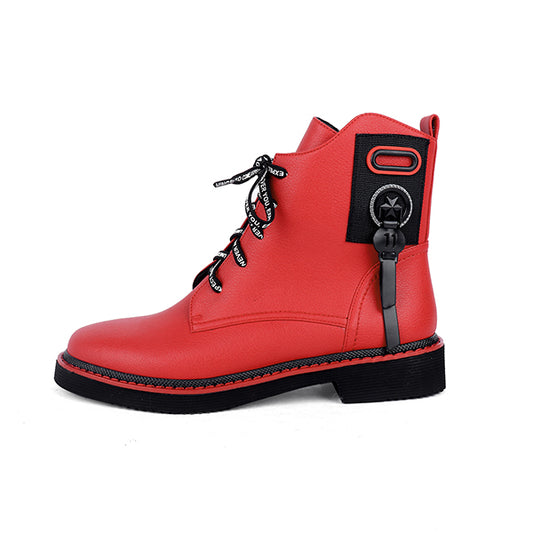 Spring Ankle Boots Red Black Cow Leather Comfortable Casual Shoes Woman High Quality Zipper Round Toe Boots - LiveTrendsX